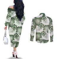 Sage Green Aloha Hawaii Couples Matching Off The Shoulder Long Sleeve Dress and Long Sleeve Button Shirt Monstera Hibiscus Plumeria Seamless Vibes LT14 - Polynesian Pride