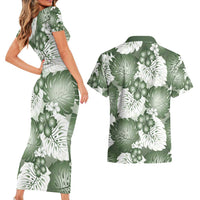 Sage Green Aloha Hawaii Couples Matching Short Sleeve Bodycon Dress and Hawaiian Shirt Monstera Hibiscus Plumeria Seamless Vibes LT14 - Polynesian Pride