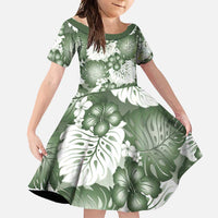 Sage Green Aloha Hawaii Family Matching Off Shoulder Maxi Dress and Hawaiian Shirt Monstera Hibiscus Plumeria Seamless Vibes LT14 Daughter's Dress Sage Green - Polynesian Pride