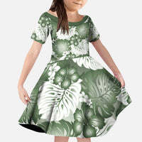 Sage Green Aloha Hawaii Kid Short Sleeve Dress Monstera Hibiscus Plumeria Seamless Vibes LT14 KID Sage Green - Polynesian Pride