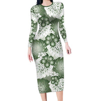 Sage Green Aloha Hawaii Long Sleeve Bodycon Dress Monstera Hibiscus Plumeria Seamless Vibes LT14 Long Dress Sage Green - Polynesian Pride