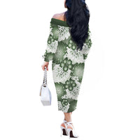 Sage Green Aloha Hawaii Off The Shoulder Long Sleeve Dress Monstera Hibiscus Plumeria Seamless Vibes LT14 - Polynesian Pride