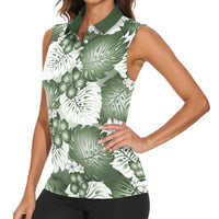 Sage Green Aloha Hawaii Women Sleeveless Polo Shirt Monstera Hibiscus Plumeria Seamless Vibes LT14 - Polynesian Pride