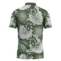 Sage Green Aloha Hawaii Zipper Polo Shirt Monstera Hibiscus Plumeria Seamless Vibes LT14 - Polynesian Pride