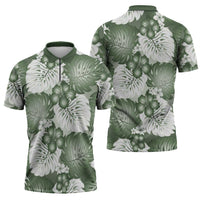 Sage Green Aloha Hawaii Zipper Polo Shirt Monstera Hibiscus Plumeria Seamless Vibes LT14 - Polynesian Pride