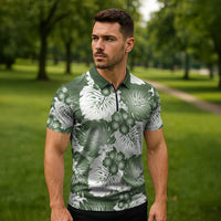 Sage Green Aloha Hawaii Zipper Polo Shirt Monstera Hibiscus Plumeria Seamless Vibes LT14 - Polynesian Pride