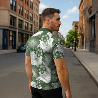 Sage Green Aloha Hawaii Zipper Polo Shirt Monstera Hibiscus Plumeria Seamless Vibes LT14 - Polynesian Pride
