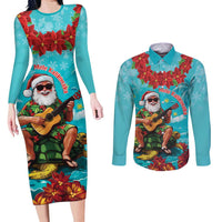 Hawaii Christmas Couples Matching Long Sleeve Bodycon Dress and Long Sleeve Button Shirt Mele Kalikimaka Poinsettia Lei - Cyan