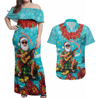 Hawaii Christmas Couples Matching Off Shoulder Maxi Dress and Hawaiian Shirt Mele Kalikimaka Poinsettia Lei - Cyan LT14 Cyan - Polynesian Pride