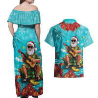 Hawaii Christmas Couples Matching Off Shoulder Maxi Dress and Hawaiian Shirt Mele Kalikimaka Poinsettia Lei - Cyan LT14 - Polynesian Pride