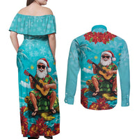 Hawaii Christmas Couples Matching Off Shoulder Maxi Dress and Long Sleeve Button Shirt Mele Kalikimaka Poinsettia Lei - Cyan LT14 - Polynesian Pride