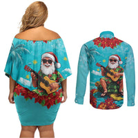 Hawaii Christmas Couples Matching Off Shoulder Short Dress and Long Sleeve Button Shirt Mele Kalikimaka Poinsettia Lei - Cyan LT14 - Polynesian Pride