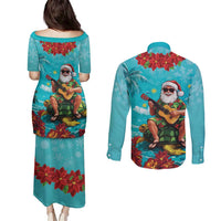 Hawaii Christmas Couples Matching Puletasi and Long Sleeve Button Shirt Mele Kalikimaka Poinsettia Lei - Cyan LT14 - Polynesian Pride