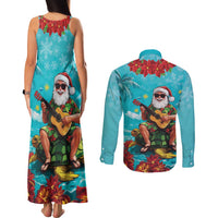 Hawaii Christmas Couples Matching Tank Maxi Dress and Long Sleeve Button Shirt Mele Kalikimaka Poinsettia Lei - Cyan