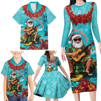 Hawaii Christmas Family Matching Long Sleeve Bodycon Dress and Hawaiian Shirt Mele Kalikimaka Poinsettia Lei - Cyan