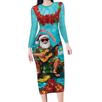 Hawaii Christmas Family Matching Long Sleeve Bodycon Dress and Hawaiian Shirt Mele Kalikimaka Poinsettia Lei - Cyan