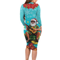 Hawaii Christmas Long Sleeve Bodycon Dress Mele Kalikimaka Poinsettia Lei - Cyan LT14 - Polynesian Pride
