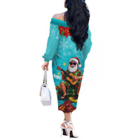 Hawaii Christmas Off The Shoulder Long Sleeve Dress Mele Kalikimaka Poinsettia Lei - Cyan LT14 - Polynesian Pride