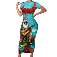 Hawaii Christmas Short Sleeve Bodycon Dress Mele Kalikimaka Poinsettia Lei - Cyan LT14 Long Dress Cyan - Polynesian Pride