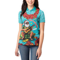 Hawaii Christmas Women Polo Shirt Mele Kalikimaka Poinsettia Lei - Cyan LT14 - Polynesian Pride