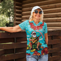 Hawaii Christmas Women Polo Shirt Mele Kalikimaka Poinsettia Lei - Cyan LT14 - Polynesian Pride
