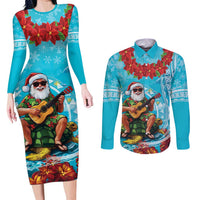 Hawaii Christmas Couples Matching Long Sleeve Bodycon Dress and Long Sleeve Button Shirt Mele Kalikimaka Poinsettia Lei Polynesian - Blue