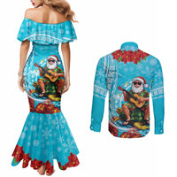 Hawaii Christmas Couples Matching Mermaid Dress and Long Sleeve Button Shirt Mele Kalikimaka Poinsettia Lei Polynesian - Blue