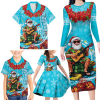Hawaii Christmas Family Matching Long Sleeve Bodycon Dress and Hawaiian Shirt Mele Kalikimaka Poinsettia Lei Polynesian - Blue