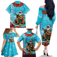 Hawaii Christmas Family Matching Off The Shoulder Long Sleeve Dress and Hawaiian Shirt Mele Kalikimaka Poinsettia Lei Polynesian - Blue LT14 - Polynesian Pride