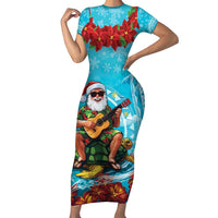 Hawaii Christmas Family Matching Short Sleeve Bodycon Dress and Hawaiian Shirt Mele Kalikimaka Poinsettia Lei Polynesian - Blue