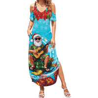Hawaii Christmas Family Matching Summer Maxi Dress and Hawaiian Shirt Mele Kalikimaka Poinsettia Lei Polynesian - Blue