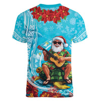 Hawaii Christmas Women V-Neck T-Shirt Mele Kalikimaka Poinsettia Lei Polynesian - Blue LT14 - Polynesian Pride