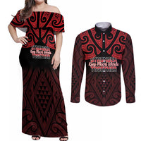 Personalised Keep Maori Wards New Zealand Couples Matching Off Shoulder Maxi Dress and Long Sleeve Button Shirt Stronger Together Aotearoa Taniko LT14 Black - Polynesian Pride