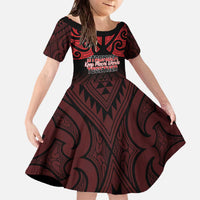 Personalised Keep Maori Wards New Zealand Family Matching Off The Shoulder Long Sleeve Dress and Hawaiian Shirt Stronger Together Aotearoa Taniko LT14 Daughter's Dress Black - Polynesian Pride