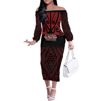 Personalised Keep Maori Wards New Zealand Off The Shoulder Long Sleeve Dress Stronger Together Aotearoa Taniko LT14 Women Black - Polynesian Pride