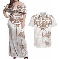 New Zealand Manta Ray Tattoo Couples Matching Off Shoulder Maxi Dress and Hawaiian Shirt Aotearoa Maori Haehae Beige LT14 White - Polynesian Pride