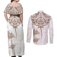New Zealand Manta Ray Tattoo Couples Matching Off Shoulder Maxi Dress and Long Sleeve Button Shirt Aotearoa Maori Haehae Beige LT14 - Polynesian Pride