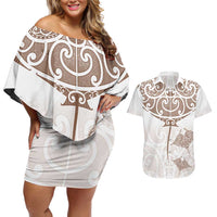 New Zealand Manta Ray Tattoo Couples Matching Off Shoulder Short Dress and Hawaiian Shirt Aotearoa Maori Haehae Beige LT14 White - Polynesian Pride