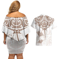 New Zealand Manta Ray Tattoo Couples Matching Off Shoulder Short Dress and Hawaiian Shirt Aotearoa Maori Haehae Beige LT14 - Polynesian Pride