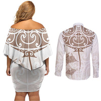 New Zealand Manta Ray Tattoo Couples Matching Off Shoulder Short Dress and Long Sleeve Button Shirt Aotearoa Maori Haehae Beige LT14 - Polynesian Pride