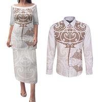 New Zealand Manta Ray Tattoo Couples Matching Puletasi and Long Sleeve Button Shirt Aotearoa Maori Haehae Beige LT14 White - Polynesian Pride