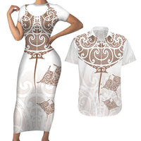 New Zealand Manta Ray Tattoo Couples Matching Short Sleeve Bodycon Dress and Hawaiian Shirt Aotearoa Maori Haehae Beige LT14 White - Polynesian Pride