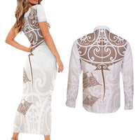 New Zealand Manta Ray Tattoo Couples Matching Short Sleeve Bodycon Dress and Long Sleeve Button Shirt Aotearoa Maori Haehae Beige LT14 - Polynesian Pride
