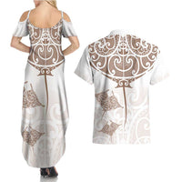 New Zealand Manta Ray Tattoo Couples Matching Summer Maxi Dress and Hawaiian Shirt Aotearoa Maori Haehae Beige LT14 - Polynesian Pride