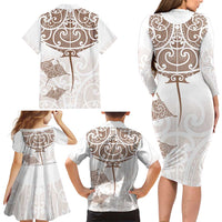 New Zealand Manta Ray Tattoo Family Matching Long Sleeve Bodycon Dress and Hawaiian Shirt Aotearoa Maori Haehae Beige LT14 - Polynesian Pride