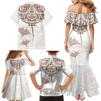 New Zealand Manta Ray Tattoo Family Matching Mermaid Dress and Hawaiian Shirt Aotearoa Maori Haehae Beige LT14 - Polynesian Pride