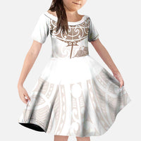 New Zealand Manta Ray Tattoo Family Matching Off The Shoulder Long Sleeve Dress and Hawaiian Shirt Aotearoa Maori Haehae Beige LT14 Daughter's Dress White - Polynesian Pride