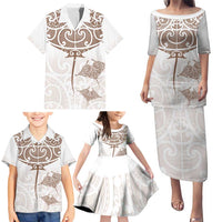 New Zealand Manta Ray Tattoo Family Matching Puletasi and Hawaiian Shirt Aotearoa Maori Haehae Beige LT14 - Polynesian Pride