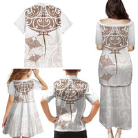 New Zealand Manta Ray Tattoo Family Matching Puletasi and Hawaiian Shirt Aotearoa Maori Haehae Beige LT14 - Polynesian Pride