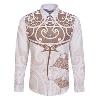 New Zealand Manta Ray Tattoo Family Matching Puletasi and Hawaiian Shirt Aotearoa Maori Haehae Beige LT14 Dad's Shirt - Long Sleeve White - Polynesian Pride